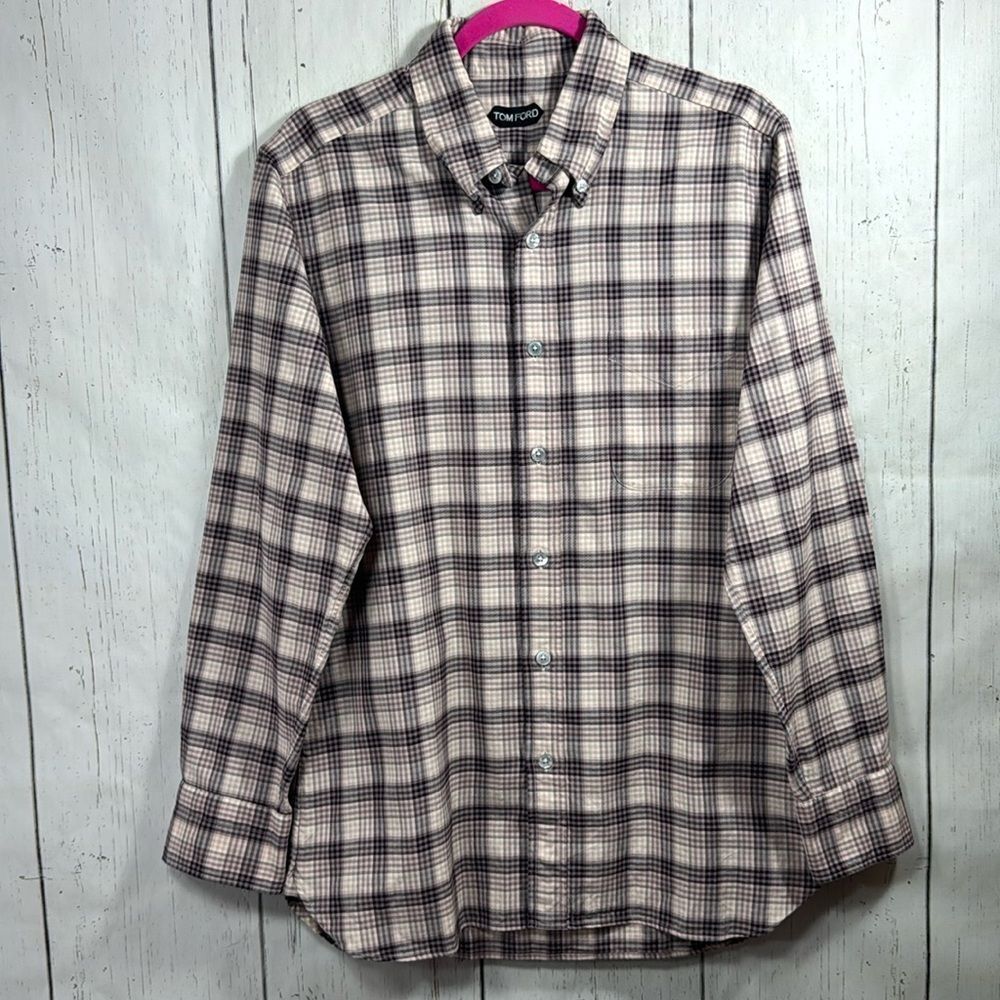 Tom Ford Shirt Mens Plaid Classic Casual Button Down Size 40/15.5 Brown Pink